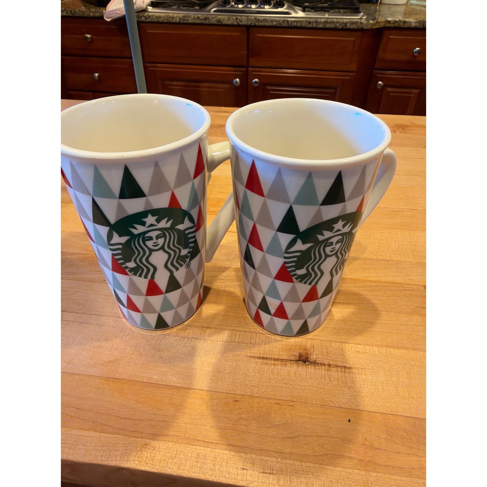 Starbucks 2014 Geometric Triangle Harlequin Coffee Mug Set 16oz Red Green Teal